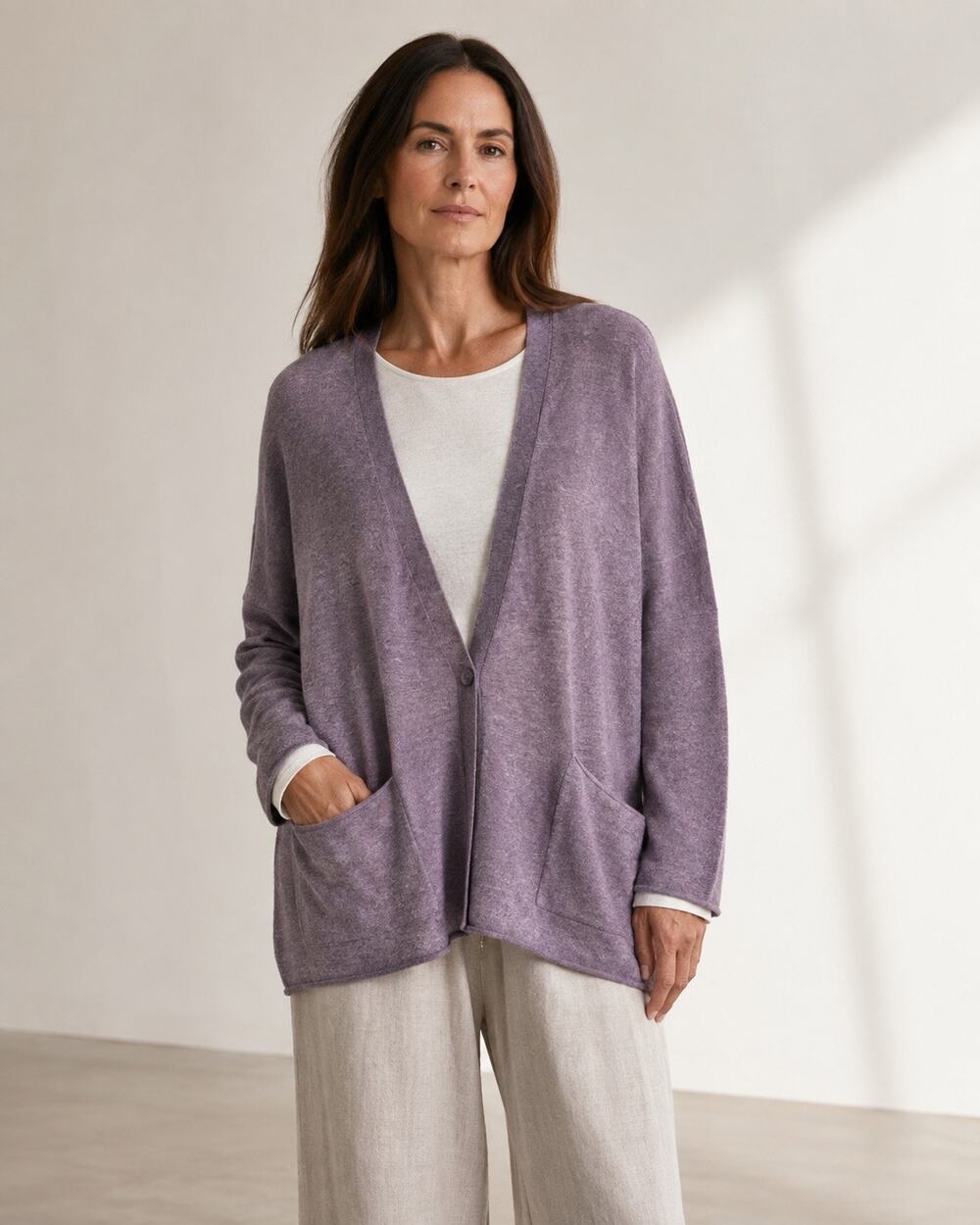 Eileen Fisher Button Cardigan Sweater Lilac Minimalist Rolled Hem Size XL